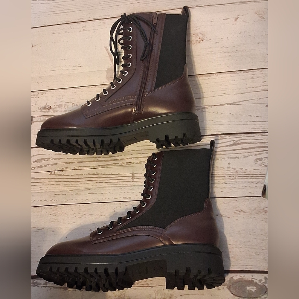 No Boundaries Women's Burgundy Vinyl And Black Fabric Lace-Up Combat Boots 10